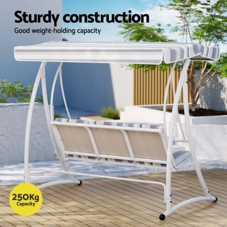 Gardeon Outdoor Swing Chair Garden Bench Furniture Canopy 3 Seater White Grey