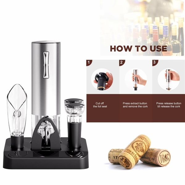 Electric Wine Opener Set with Stand One-click Button Rechargeable Cordless Bottle Openers with Wine Pourer for Home Party Wedding