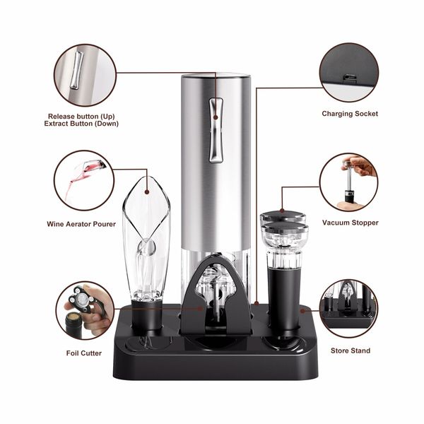 Electric Wine Opener Set with Stand One-click Button Rechargeable Cordless Bottle Openers with Wine Pourer for Home Party Wedding