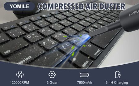 Compressed air Duster - 120000RPM 3 Speeds Electric Air Duster, 6000mAh Battery Cordless Dust Blower for Keyboard ,Rechargeable Air Blower  Computers