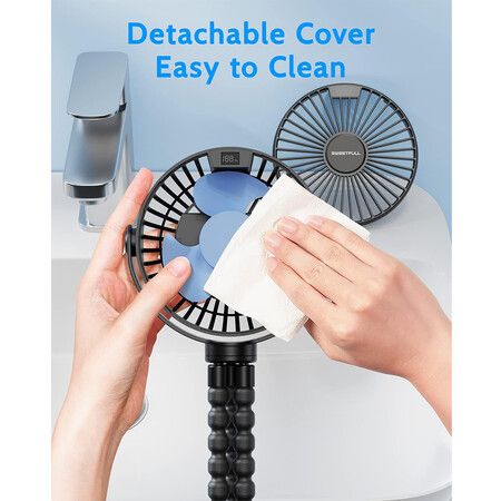 Portable Stroller Fan, LED Display 6000mAh Battery Operated Mini Clip Fan For Car Seat Crib Treadmill Travel(Black)