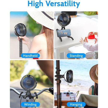 Portable Stroller Fan, LED Display 6000mAh Battery Operated Mini Clip Fan For Car Seat Crib Treadmill Travel(Black)