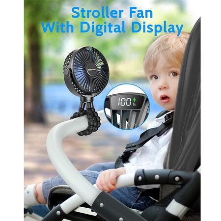 Portable Stroller Fan, LED Display 6000mAh Battery Operated Mini Clip Fan For Car Seat Crib Treadmill Travel(Black)