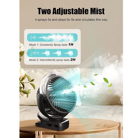 Clip on Fan with Misting, 6000mAh Portable Fan with Light and Hook for Travel, Office, Desk