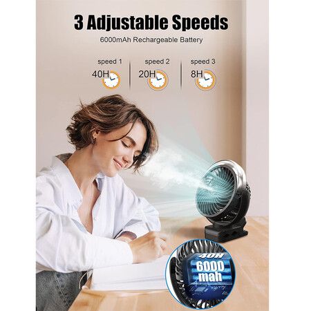 Clip on Fan with Misting, 6000mAh Portable Fan with Light and Hook for Travel, Office, Desk