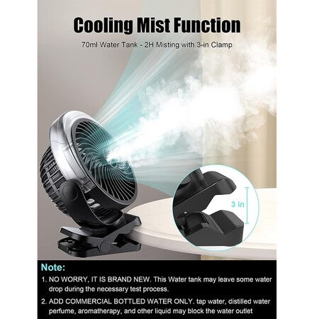 Clip on Fan with Misting, 6000mAh Portable Fan with Light and Hook for Travel, Office, Desk