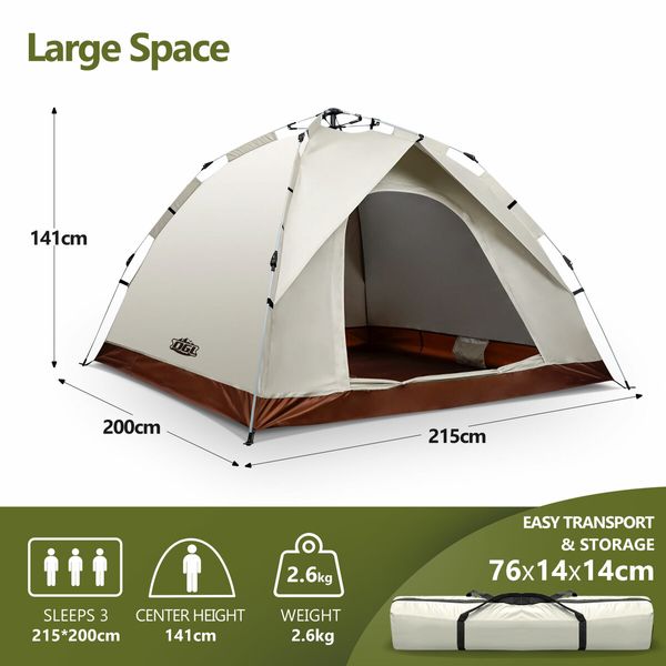 3 Person Tent Beach Shelters Camping Auto Pop Up Dome Family Shade Sun Rain Water Proof Hiking Fishing Picnic Outdoor Portable 215x200x141cm