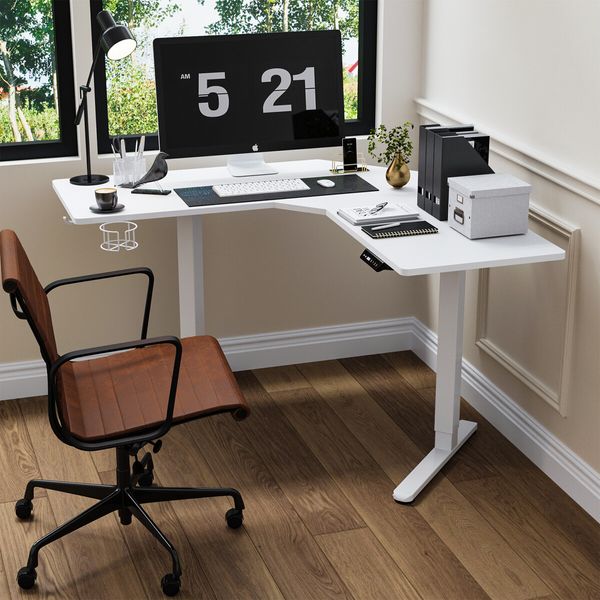 Sit Stand Corner Desk L Shaped Standing Up Computer Office Gaming Study Laptop White Table Height Adjustable Electric Motorised Home Furniture