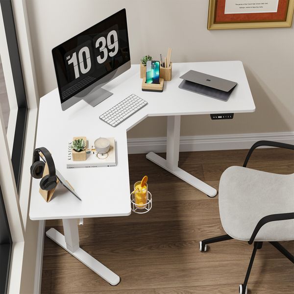 Sit Stand Corner Desk L Shaped Standing Up Computer Office Gaming Study Laptop White Table Height Adjustable Electric Motorised Home Furniture