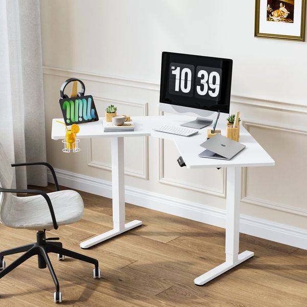 Sit Stand Corner Desk L Shaped Standing Up Computer Office Gaming Study Laptop White Table Height Adjustable Electric Motorised Home Furniture