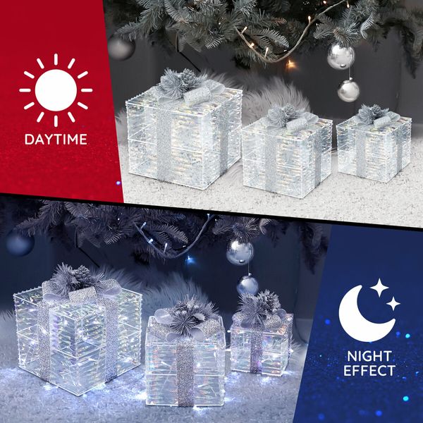 Set of 3 Gift Box Christmas Lights LED 3D Xmas Present Outdoor Indoor Holiday Party Decor Lighted Fairy Ornament Display Foldable 8 Flash Mode