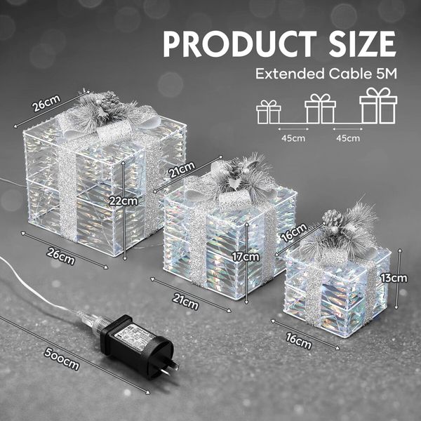 Set of 3 Gift Box Christmas Lights LED 3D Xmas Present Outdoor Indoor Holiday Party Decor Lighted Fairy Ornament Display Foldable 8 Flash Mode