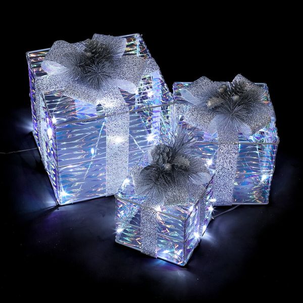 Set of 3 Gift Box Christmas Lights LED 3D Xmas Present Outdoor Indoor Holiday Party Decor Lighted Fairy Ornament Display Foldable 8 Flash Mode