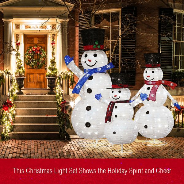 3Pcs Christmas Snowman Light LED 3D Xmas Home Yard Decoration Outdoor Holiday Display Fairy String Lights Gifts Family of 3 Figurine Collapsible