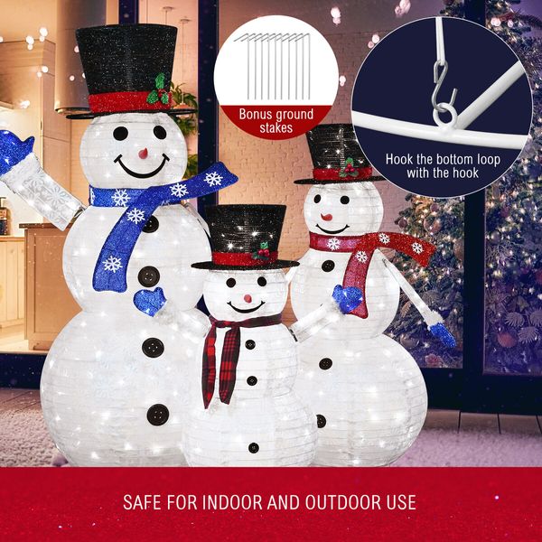 3Pcs Christmas Snowman Light LED 3D Xmas Home Yard Decoration Outdoor Holiday Display Fairy String Lights Gifts Family of 3 Figurine Collapsible