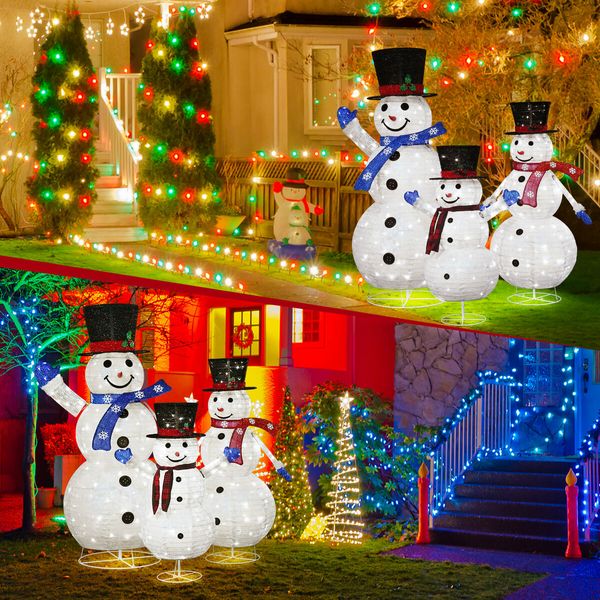 3Pcs Christmas Snowman Light LED 3D Xmas Home Yard Decoration Outdoor Holiday Display Fairy String Lights Gifts Family of 3 Figurine Collapsible