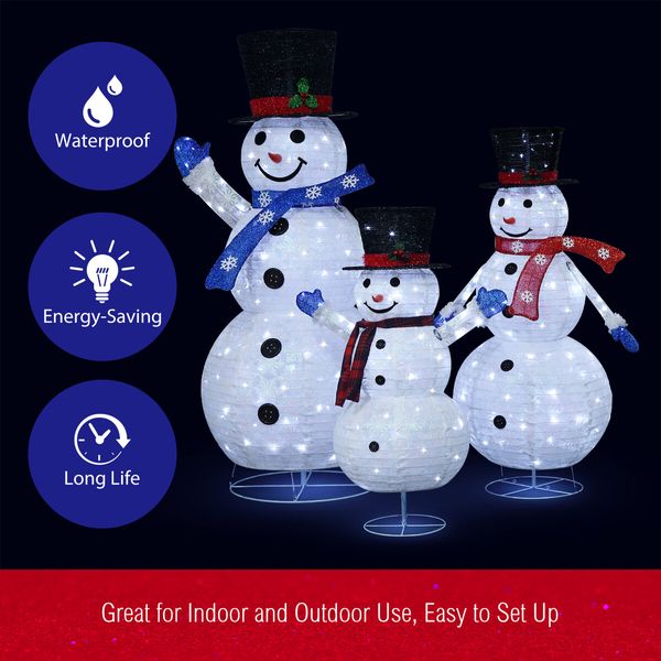 3Pcs Christmas Snowman Light LED 3D Xmas Home Yard Decoration Outdoor Holiday Display Fairy String Lights Gifts Family of 3 Figurine Collapsible