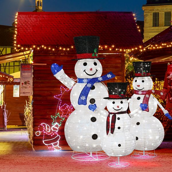 3Pcs Christmas Snowman Light LED 3D Xmas Home Yard Decoration Outdoor Holiday Display Fairy String Lights Gifts Family of 3 Figurine Collapsible