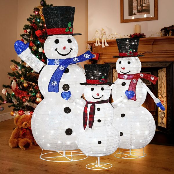 3Pcs Christmas Snowman Light LED 3D Xmas Home Yard Decoration Outdoor Holiday Display Fairy String Lights Gifts Family of 3 Figurine Collapsible