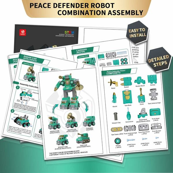 Take Apart Car Toys DIY 5 in 1 Peace Defender Military,Vehicles Transform into Robot,STEM Toys Gift for 5 6 7 8 Old Boy