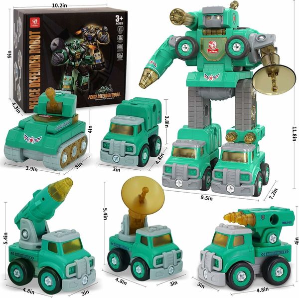 Take Apart Car Toys DIY 5 in 1 Peace Defender Military,Vehicles Transform into Robot,STEM Toys Gift for 5 6 7 8 Old Boy