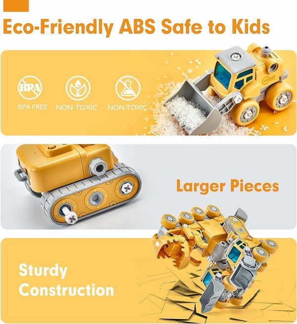 Take Apart Dinosaur Kids Toys, Construction Vehicles 5 in 1 Transform into Dinosaur Robot STEM Building Toy for 5 6 7 8 Year Old Boys