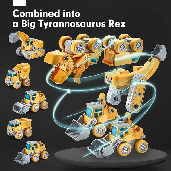 Take Apart Dinosaur Kids Toys, Construction Vehicles 5 in 1 Transform into Dinosaur Robot STEM Building Toy for 5 6 7 8 Year Old Boys