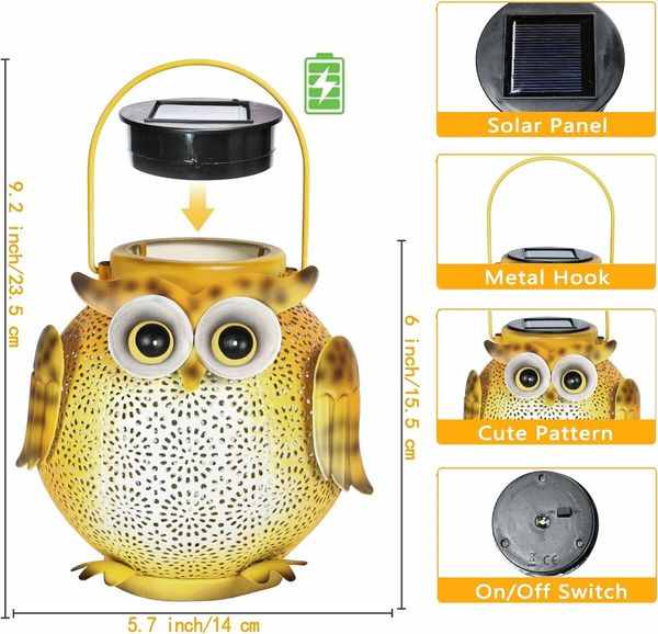 2 Pack Hanging Solar Lanterns - Outdoor Metal Decorative Waterproof Garden Light for Patio, Table, Pathway with Owl Pattern