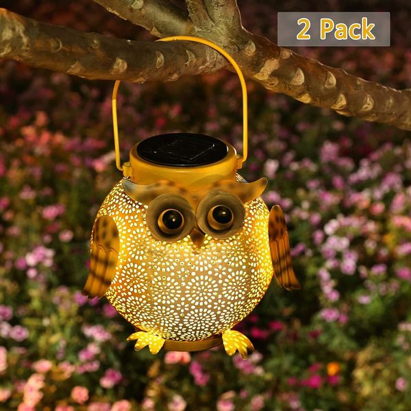 2 Pack Hanging Solar Lanterns - Outdoor Metal Decorative Waterproof Garden Light for Patio, Table, Pathway with Owl Pattern