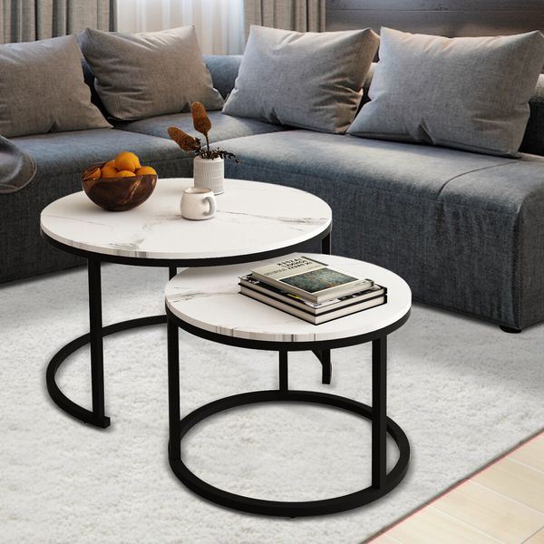 2 Round Coffee Table Set Nesting Bedside Sofa Side End Tea Cafe Nightstand Couch Lounge Lamp Modern Black White Faux Marble Top