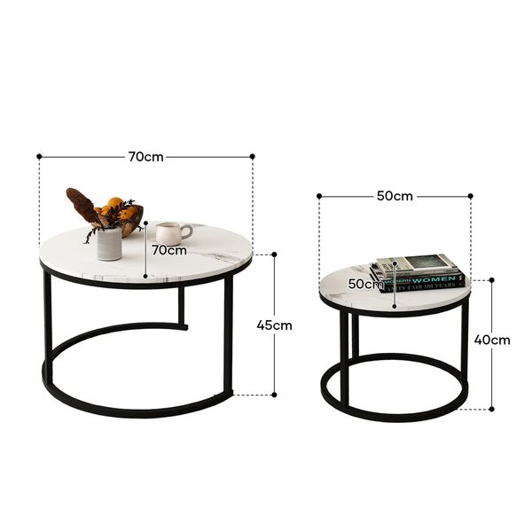 2 Round Coffee Table Set Nesting Bedside Sofa Side End Tea Cafe Nightstand Couch Lounge Lamp Modern Black White Faux Marble Top