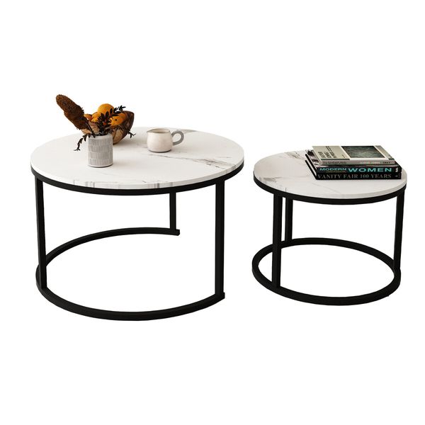 2 Round Coffee Table Set Nesting Bedside Sofa Side End Tea Cafe Nightstand Couch Lounge Lamp Modern Black White Faux Marble Top