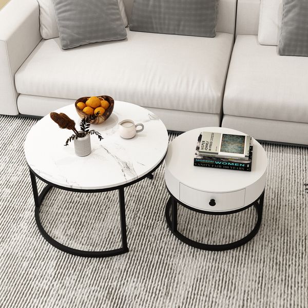 Set of 2 Coffee Table Round Bedside Lamp Nesting Sofa Side End Tea Modern Cafe White Couch Lounge Living Room with Drawer