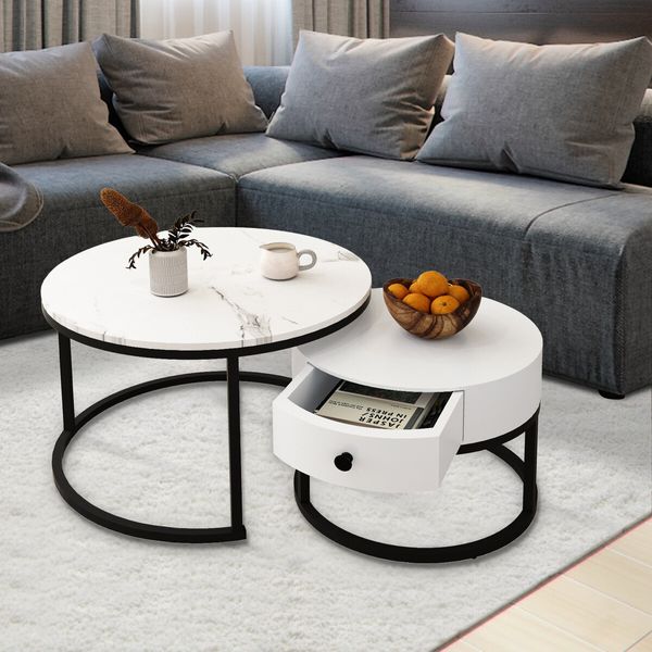 Set of 2 Coffee Table Round Bedside Lamp Nesting Sofa Side End Tea Modern Cafe White Couch Lounge Living Room with Drawer