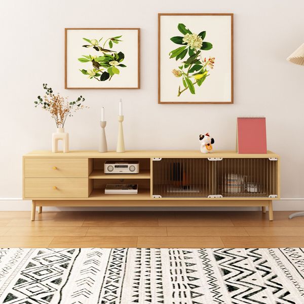 180cm TV Cabinet Unit Stand Console Table Entertainment Bench Center Storage Shelf Oak Wooden Modern Furniture Retro Glass Doors