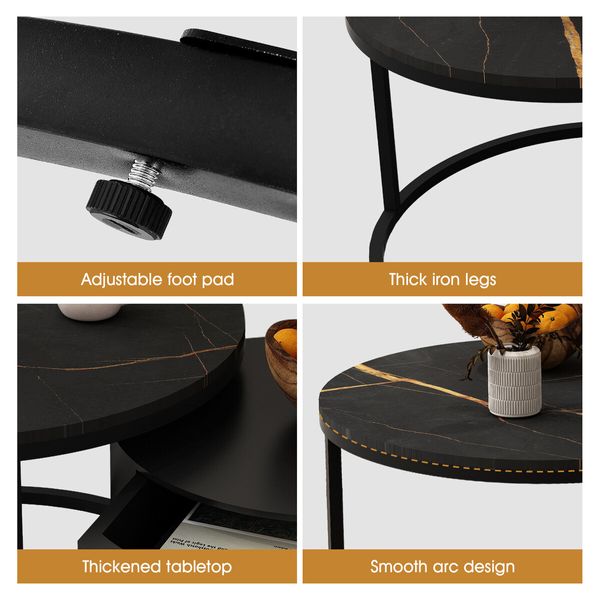 2 Round Coffee Table Set Nesting Bedside Lamp Sofa Side End Tea Modern Cafe Black Couch Lounge Living Room with Drawer