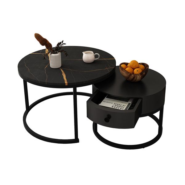 2 Round Coffee Table Set Nesting Bedside Lamp Sofa Side End Tea Modern Cafe Black Couch Lounge Living Room with Drawer