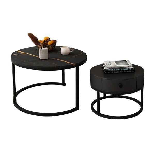 2 Round Coffee Table Set Nesting Bedside Lamp Sofa Side End Tea Modern Cafe Black Couch Lounge Living Room with Drawer