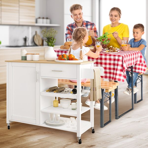 Kitchen Island Cart Trolley Cabinet Bar Dining Wine Rack Shelf Rolling Serving Utility Storage Shelving Drawer Towel Wood Table Top 100x47x87cm