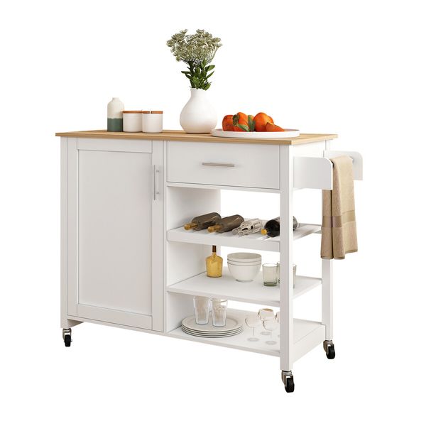 Kitchen Island Cart Trolley Cabinet Bar Dining Wine Rack Shelf Rolling Serving Utility Storage Shelving Drawer Towel Wood Table Top 100x47x87cm