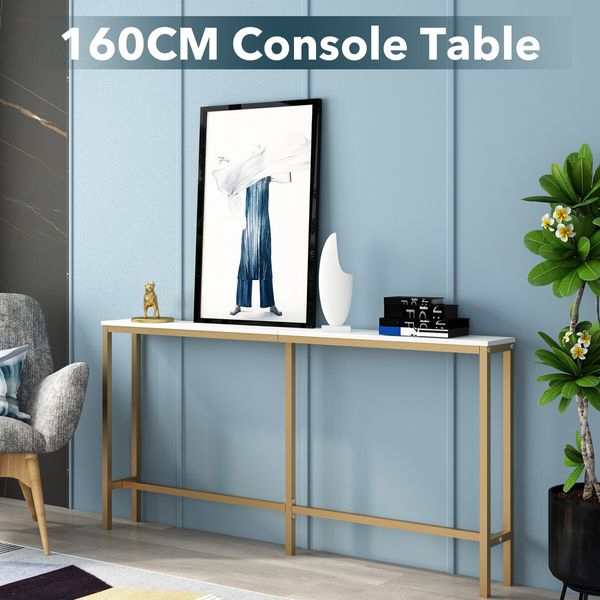 Gold Narrow Console Table Stand Hall Entryway Bar Side Sofa Couch Wood Accent Long Slim Storage Display Shelf Marble Tabletop 160x20x79cm