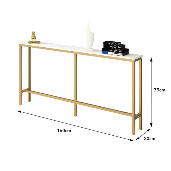 Gold Narrow Console Table Stand Hall Entryway Bar Side Sofa Couch Wood Accent Long Slim Storage Display Shelf Marble Tabletop 160x20x79cm