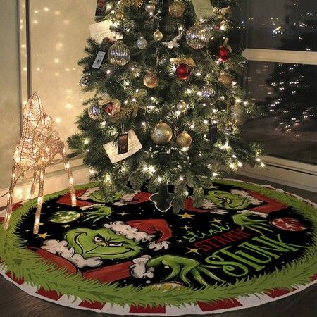 Merry Christmas Tree Skirt Collar 48 Inch Green Soft Farmhouse Xmas Holiday Decoration (Grinch)
