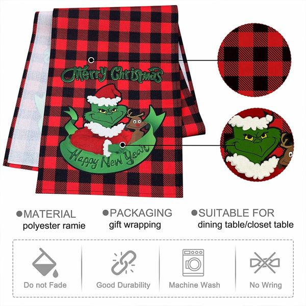 Grinch Buffalo Plaid Christmas Table Runner,Merry Christmas Winter Holiday Theme Table Decoration,Suitable for Indoor Home Party Decor 33*230cm