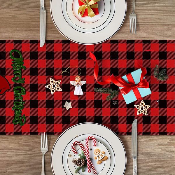 Grinch Buffalo Plaid Christmas Table Runner,Merry Christmas Winter Holiday Theme Table Decoration,Suitable for Indoor Home Party Decor 33*230cm