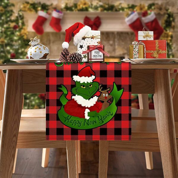 Grinch Buffalo Plaid Christmas Table Runner,Merry Christmas Winter Holiday Theme Table Decoration,Suitable for Indoor Home Party Decor 33*230cm