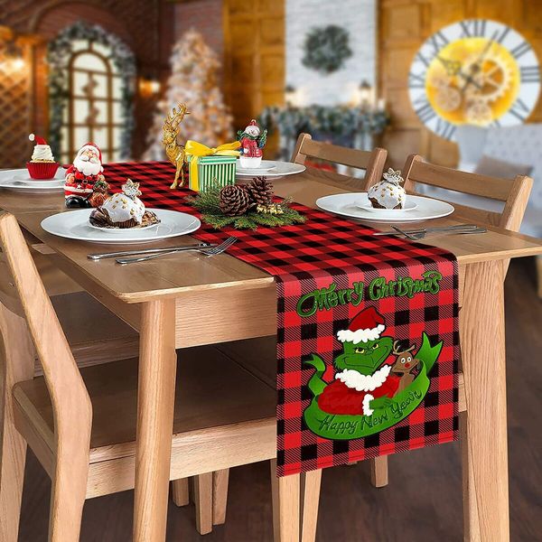 Grinch Buffalo Plaid Christmas Table Runner,Merry Christmas Winter Holiday Theme Table Decoration,Suitable for Indoor Home Party Decor 33*230cm