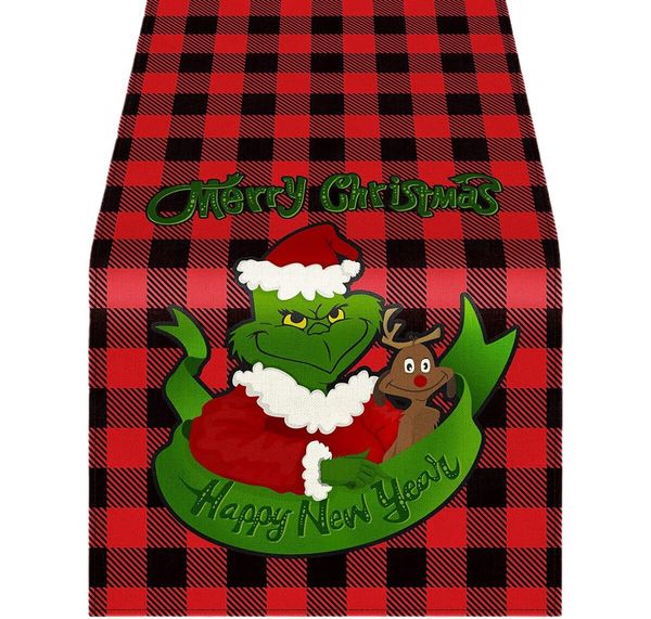 Grinch Buffalo Plaid Christmas Table Runner,Merry Christmas Winter Holiday Theme Table Decoration,Suitable for Indoor Home Party Decor 33*230cm