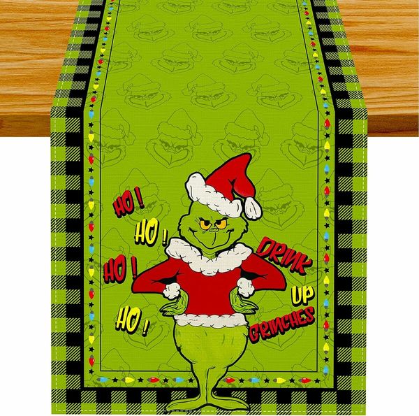 Linen Green Christmas Table Runner Merry Grinchmas Tablecloth for Home Kitchen Table Decorations 33 x 183 CM