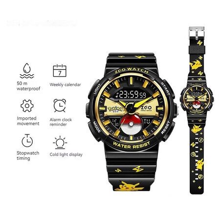 Anime Watch Pikachu Kids Watch Pokemon Series New Student High End Electronic Watch Gifts for Boys and Girls Col.Black